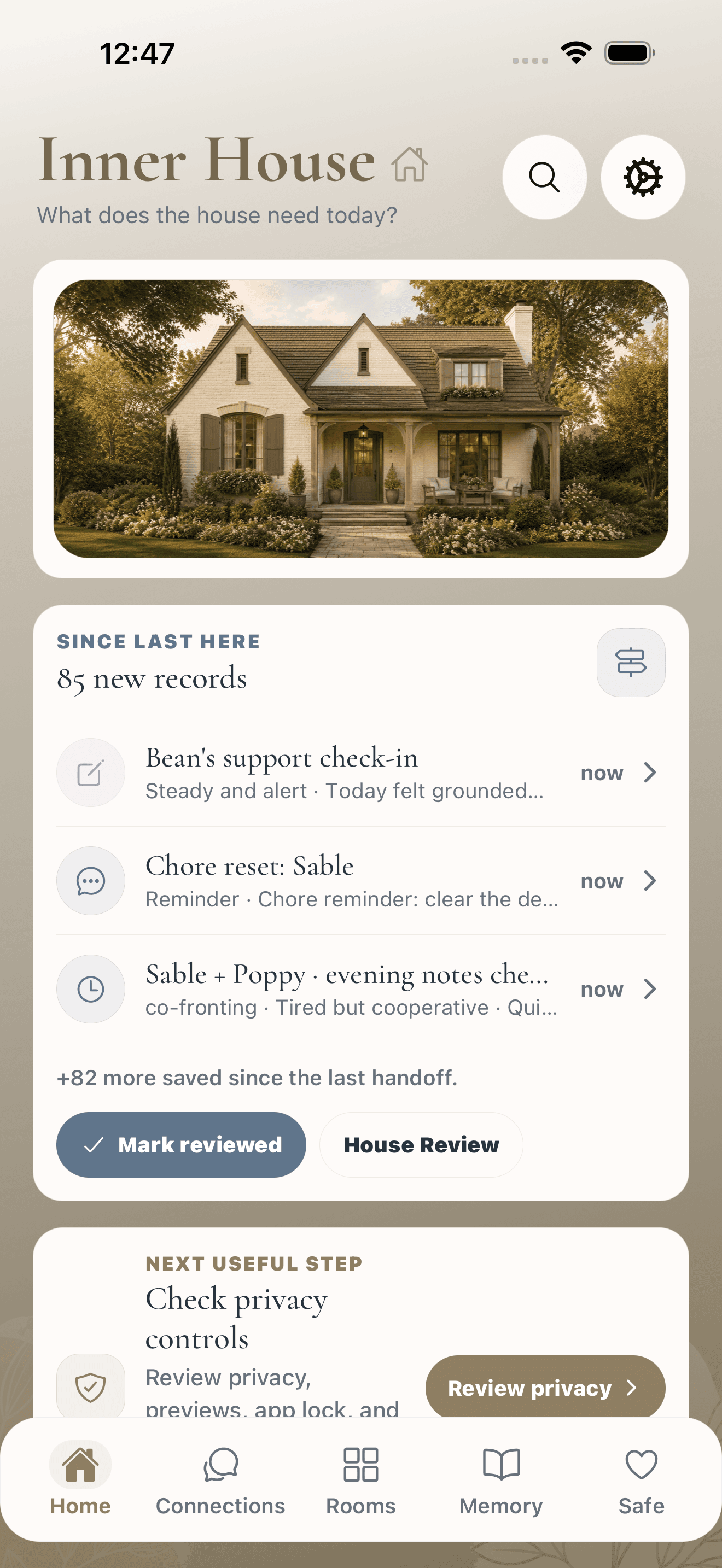 Inner House home screen showing system review, next useful step, and private navigation.