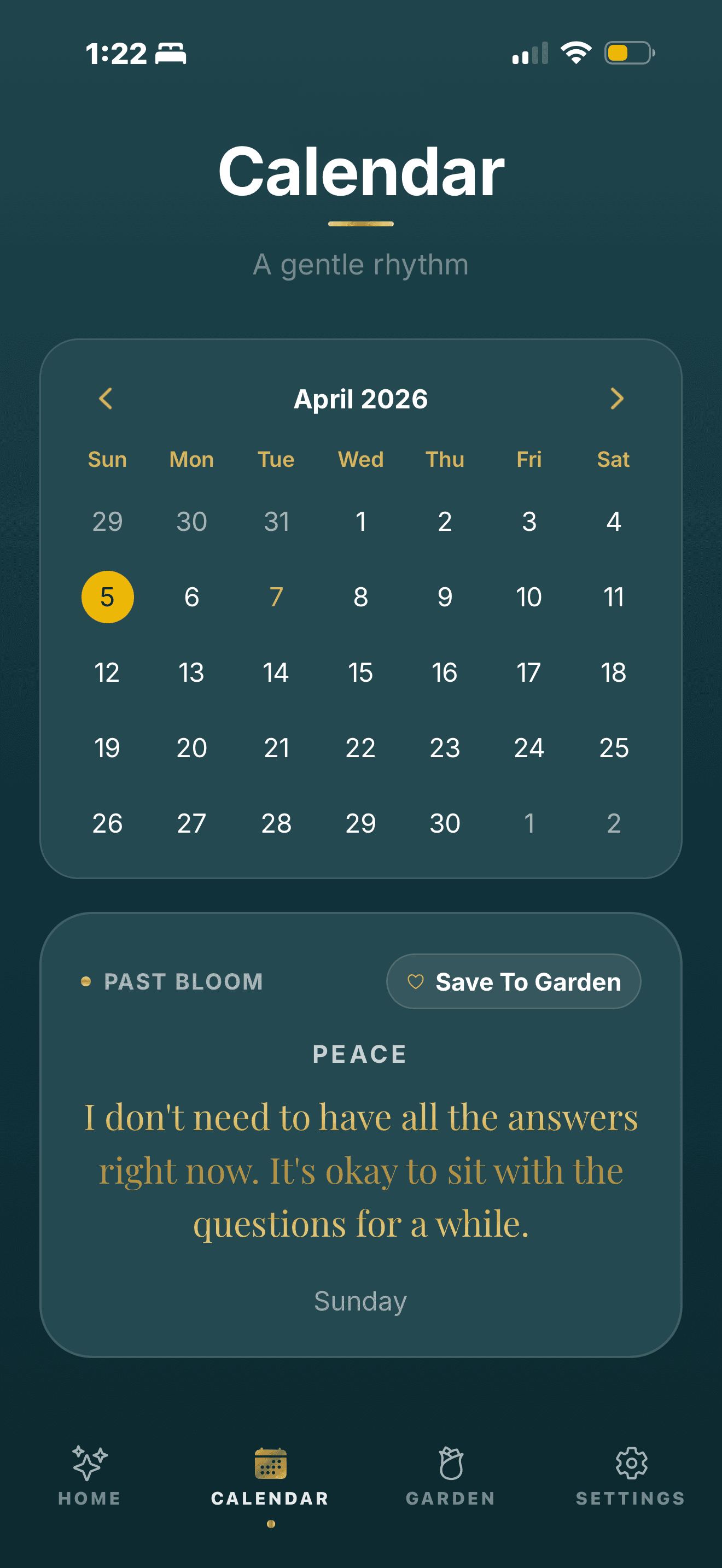 Bloom calendar screen with a peace affirmation and Save to Garden action.