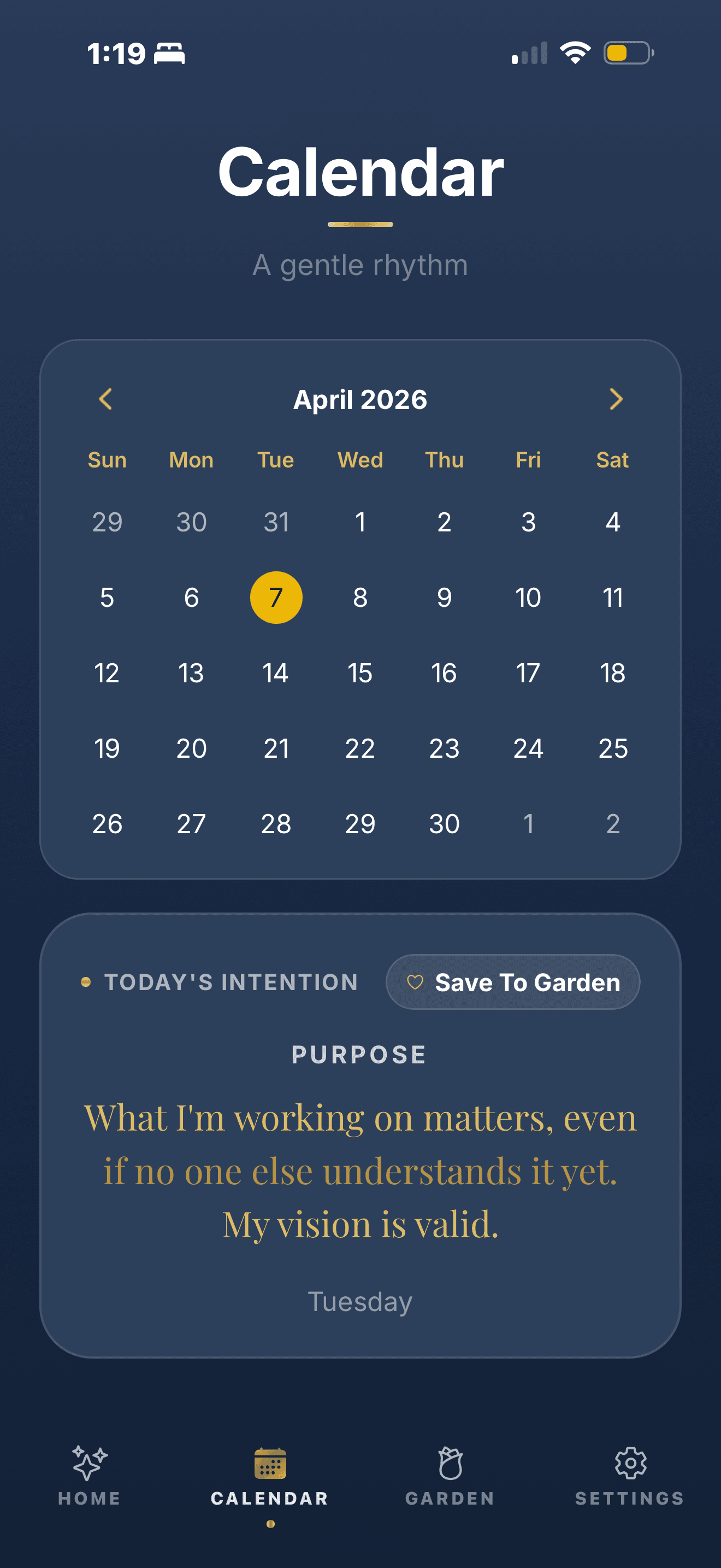 Bloom calendar screen with a purpose affirmation and Save to Garden action.