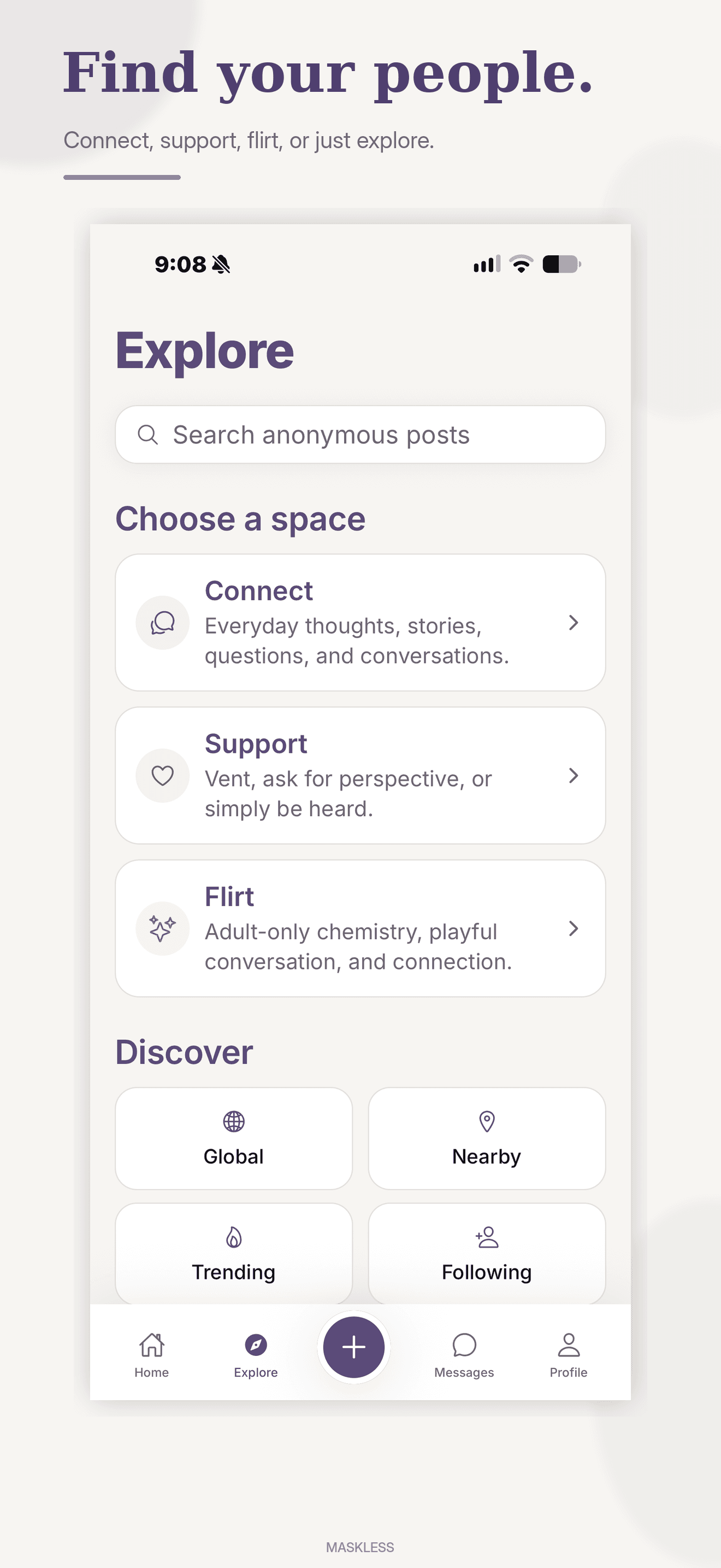 Maskless Explore screen with Connect, Support, Flirt, and discovery options.