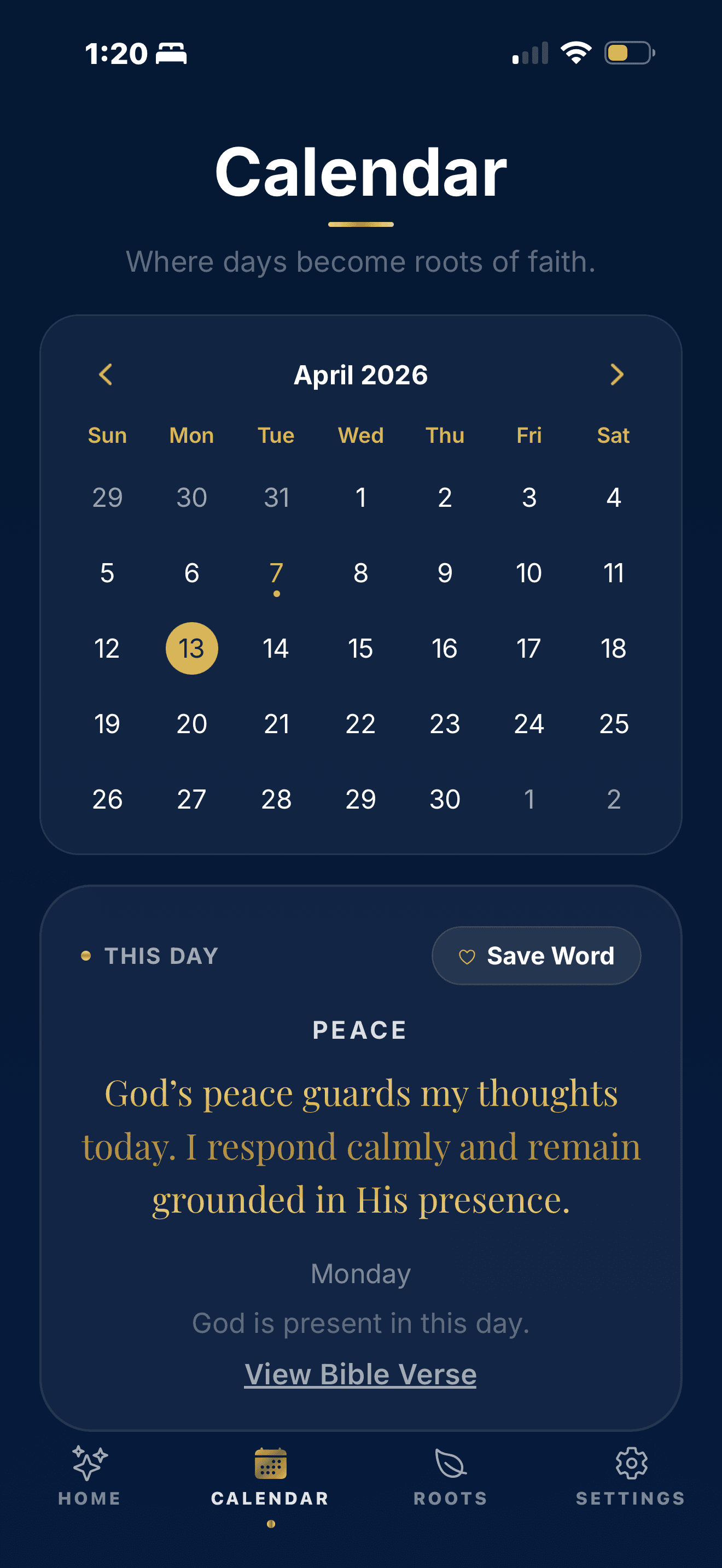 Rooted Reflections calendar screen with a peace entry, Save Word action, and Bible verse link.