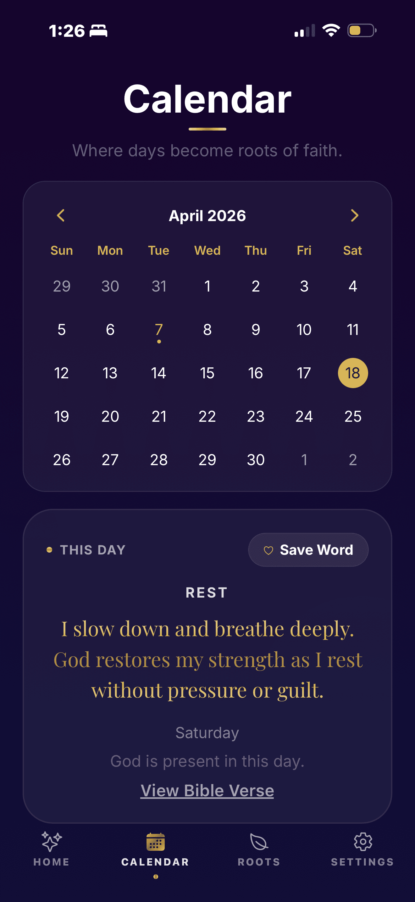 Rooted Reflections calendar screen with a rest entry, Save Word action, and Bible verse link.
