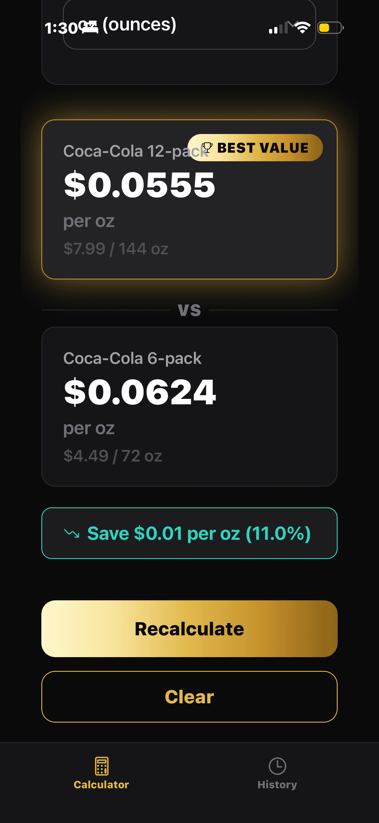 UnitWise Compare results screen showing the best value item, per-unit comparison, and savings summary.