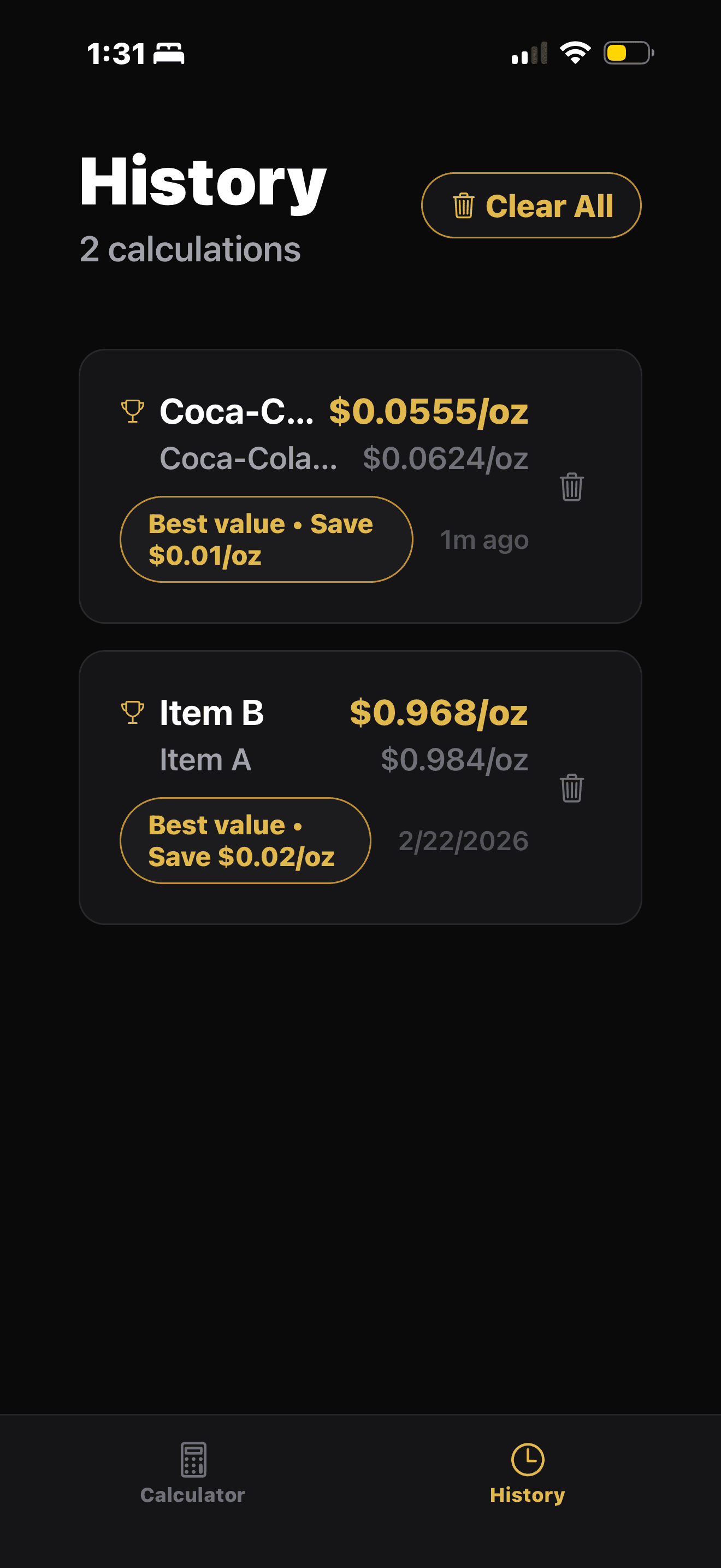 UnitWise Compare history screen listing saved comparison results and value differences.